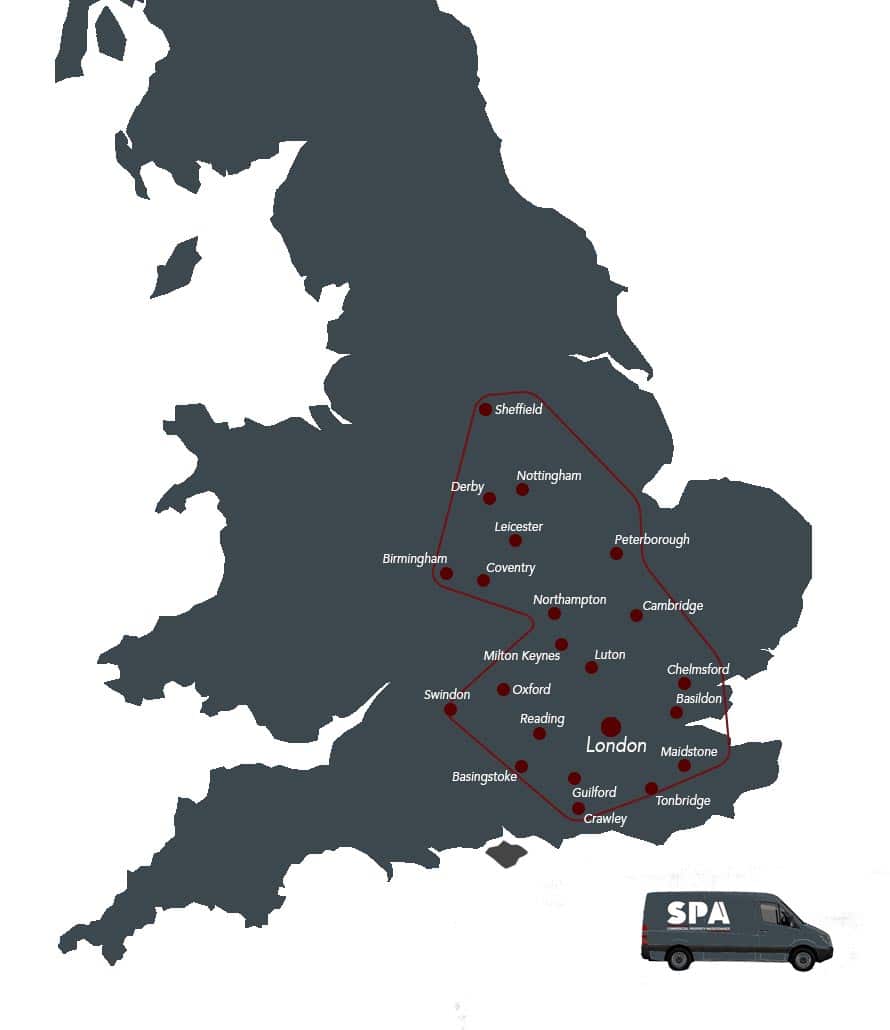 SPA is a commercial property maintenance company covering London, Greater London, the South East of England (including Cambridge, Watford, Reading, Guilford and Maidstone), South Yorkshire (Sheffield) and the Midlands (including Northampton, Milton Keynes, Luton, Oxford, Birmingham, Leicester, Derby, Nottingham, Peterborough, Coventry)